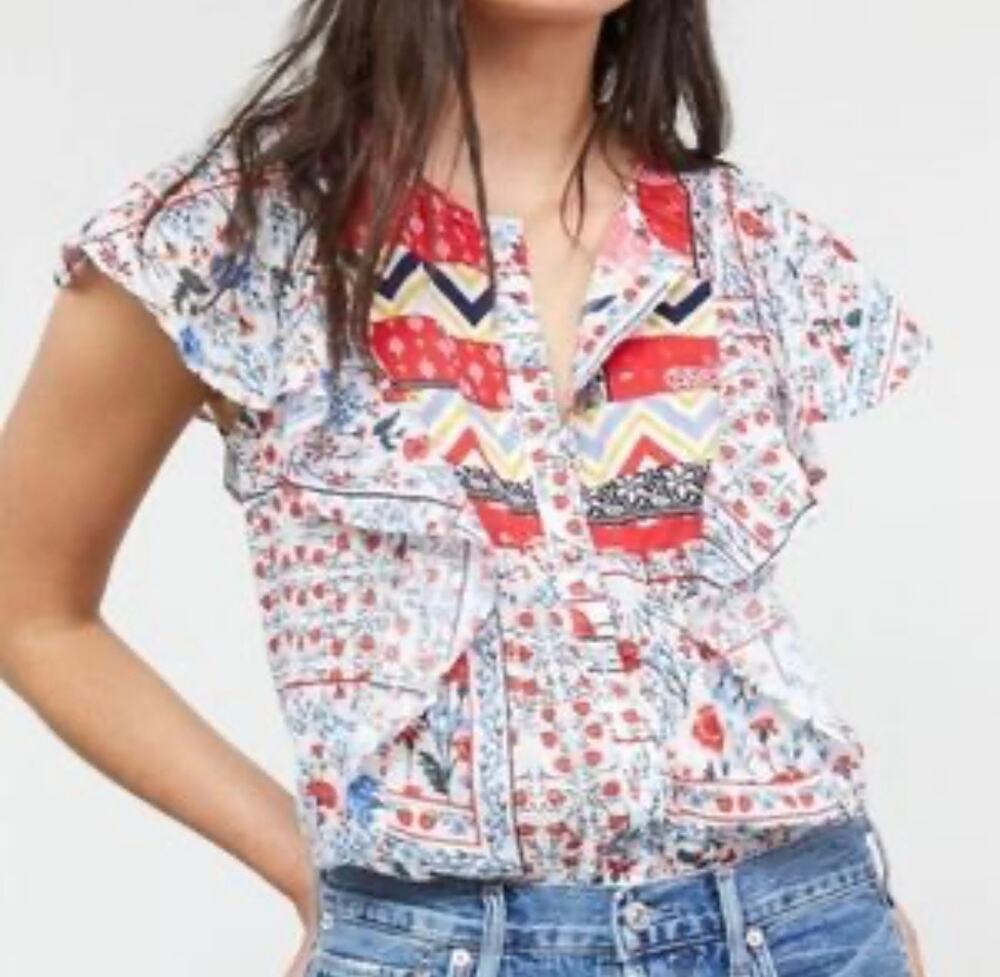 Anthropologie Let Me Be Floral Patchwork Blouse Boho Ruffle boho Cottagecore S